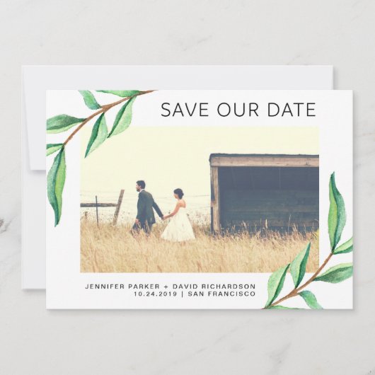 Groene Waterverf bladeren en foto | De datum opsla Save The Date (Voorkant)