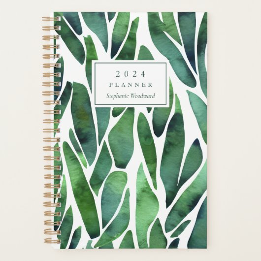 Groene Waterverf Bladerpatroon Monogram 2024 Planner (Voorkant)