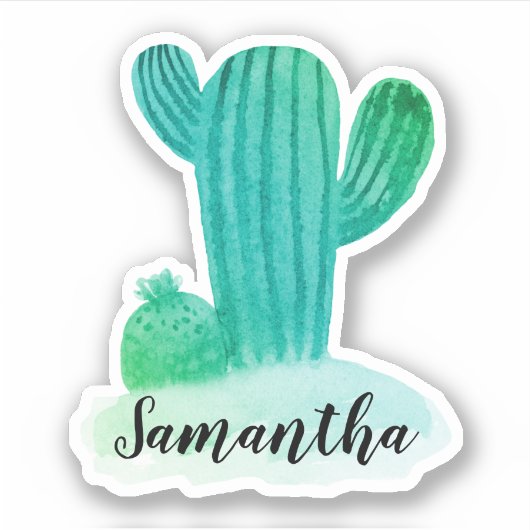 Groene Waterverf Cactus Naam Sticker (Voorkant)