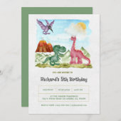 Groene Waterverf Dinosaurussen Verjaardagsfeest Kaart (Voorkant / Achterkant)
