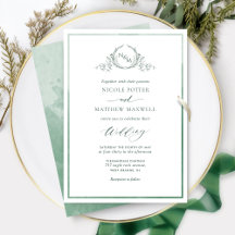Groene Waterverf, Elegant Monogram Wedding Invitat