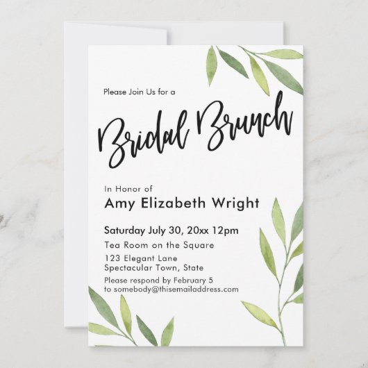 Groene Waterverf Foliage Bruids Brunch Kaart (Voorkant)