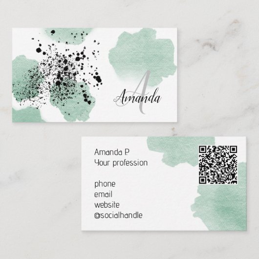 Groene Waterverf gestippelde QR Code Custom Visitekaartje (Voorkant / Achterkant)