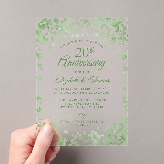 Groene Waterverf Harten 20e bruiloft Jubileum Acryl Uitnodigingen (Insitu (Draagbaar))
