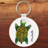 Groene Waterverf Ink Drawn Turtle Sleutelhanger (Voorkant)