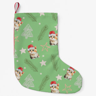 Groene waterverf kitten cat Santa Vrolijk Kerstfee Kleine Kerstsok