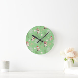 Groene waterverf kitten cat Santa Vrolijk Kerstfee Ronde Klok