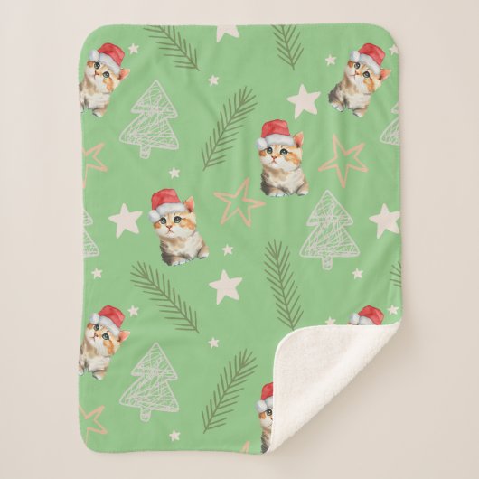 Groene waterverf kitten cat Santa Vrolijk Kerstfee Sherpa Deken (Voorkant)
