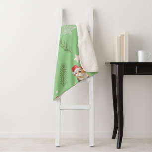 Groene waterverf kitten cat Santa Vrolijk Kerstfee Sherpa Deken