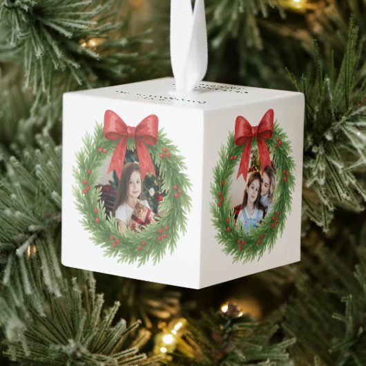 Groene Waterverf Krans Foto Moderne Kerst Kubus Ornament (Boom)