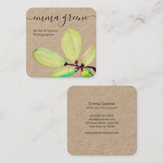 Groene Waterverf Leaf Branch Square Kraft Square B Vierkante Visitekaartje (Voorkant / Achterkant)