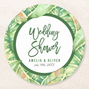 Groene Waterverf met tropische bruiloft vertrekt Ronde Kartonnen Onderzetter