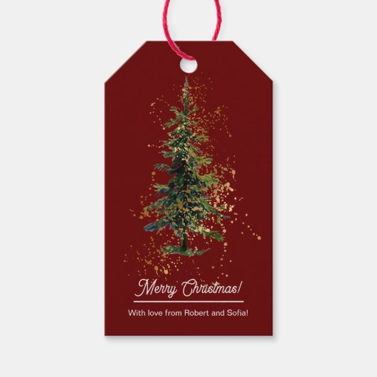 Groene Waterverf Spruce Merry Christmas Red Cadeaulabel (Voorkant)