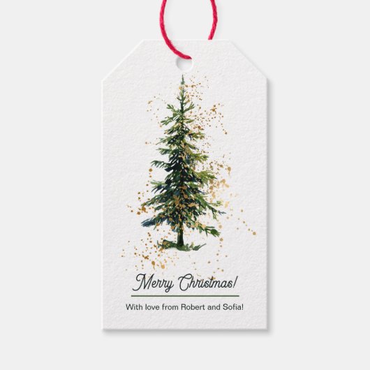Groene Waterverf Spruce Merry Christmas White Cadeaulabel (Voorkant)
