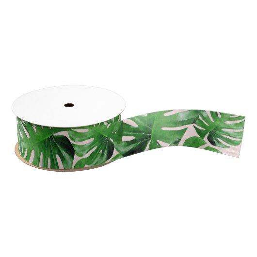 Groene Waterverf Tropische Monstera Patroon op Roz Grosgrain Lint (Spoel)