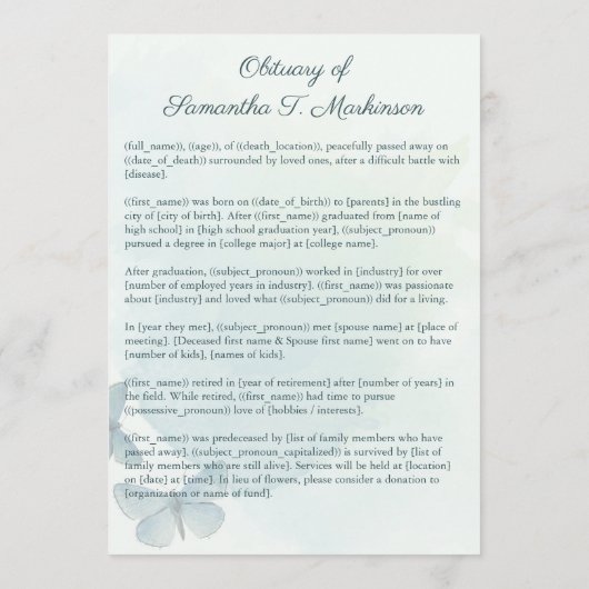 Groene Waterverf vlinder begrafenis overlijdensber Programma (Achterkant)