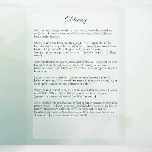 Groene Waterverf Vlinderbegrafenisdiensten Drieluik Programma (Binnenkant midden)