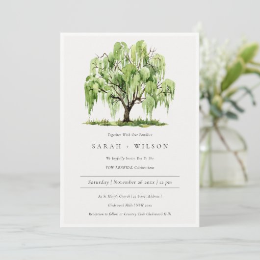 Groene Waterverf Willow Tree Vow Renewal Invite Bedankkaart (Staand voorkant)