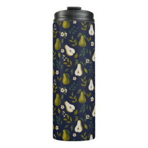 Groene Waterverfpatroon met Peer op Donkerblauw Thermosbeker