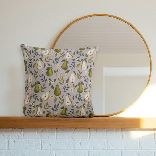 Groene Waterverfpatroon met Peer op Stof Lilac Kussen