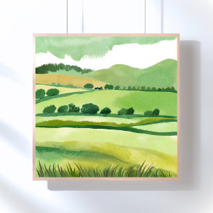 Groene Weelderige Heuvel Natuur Aquarel Poster