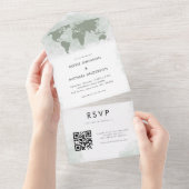 Groene Wereldkaart reisbestemming Moderne QR-code All In One Uitnodiging (Afscheurbaar)