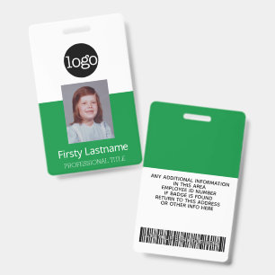 Groene werknemer - foto, streepjescode, logo, naam badge