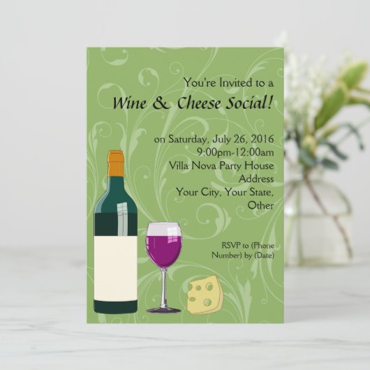 Groene Wijn en Kaas Sociale Partij Platte Uitnodig Kaart (Staand voorkant)