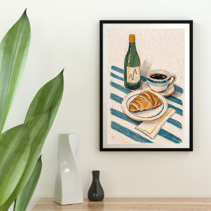 Groene wijnfles, zwarte thee, croissant wanddecora poster