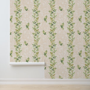 Groene wijnstokken op getextureerde crème behang