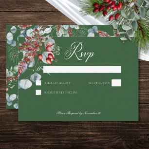 Groene Winter Dennenbessen Eucalyptus Bruiloft RSVP Kaartje