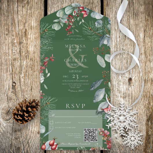 Groene winterpine bessen Eucalyptus QR-code All In One Uitnodiging