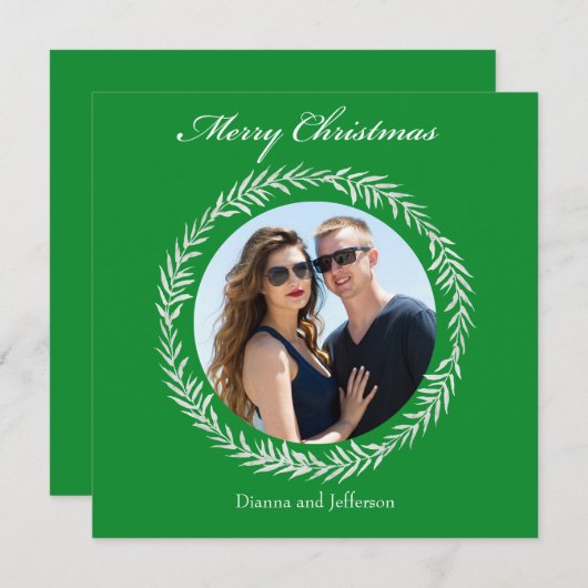 Groene Witte Bladeren Krans om uw foto heen Feestdagenkaart (Voorkant / Achterkant)