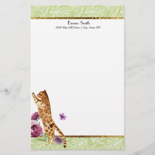 Groene Witte Bladeren Oranje Kat Paarse Bloemen Briefpapier