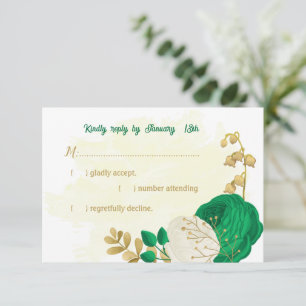 groene witte bloemen goudbotanische bruiloft RSVP Kaartje