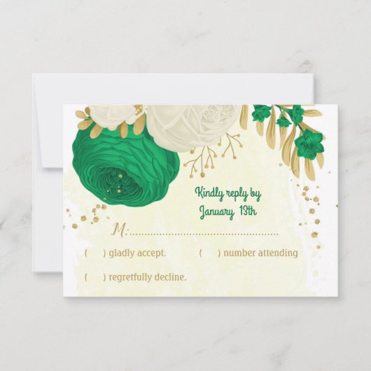 groene witte bloemen gouden botanische bruiloft RSVP kaartje (Voorkant)