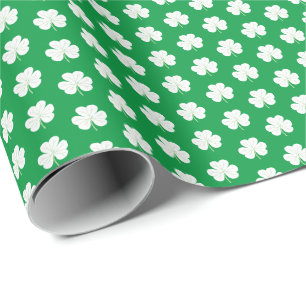 Groene Witte Elegante Ierse Klaver Patronen Cadeaupapier