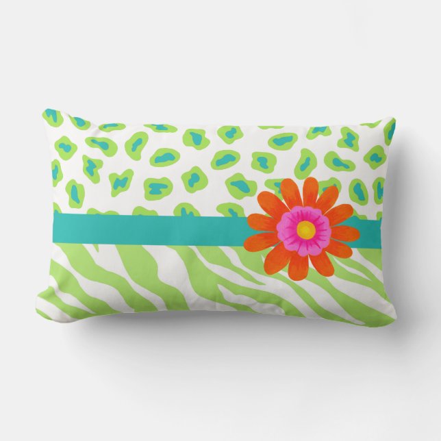 Groene, witte en Blauwgroen Zebra en Cheetah Oranj Kussen (Voorkant)