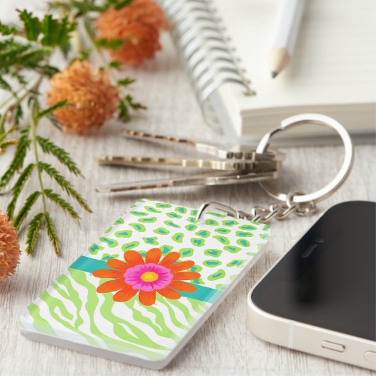 Groene, witte en Blauwgroen Zebra en Cheetah Oranj Sleutelhanger (Voorkant Rechts)