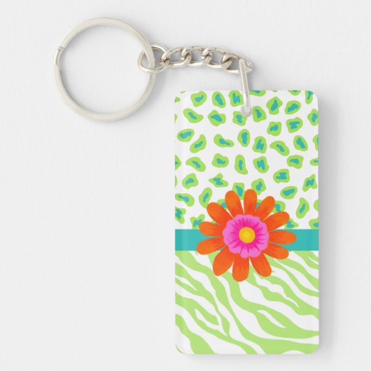 Groene, witte en Blauwgroen Zebra en Cheetah Oranj Sleutelhanger (Voorkant)