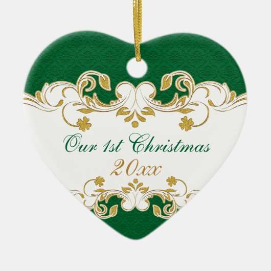 Groene witte gouden scrollers, Shamrocks 1 Kerstmi Keramisch Ornament (Voorkant)