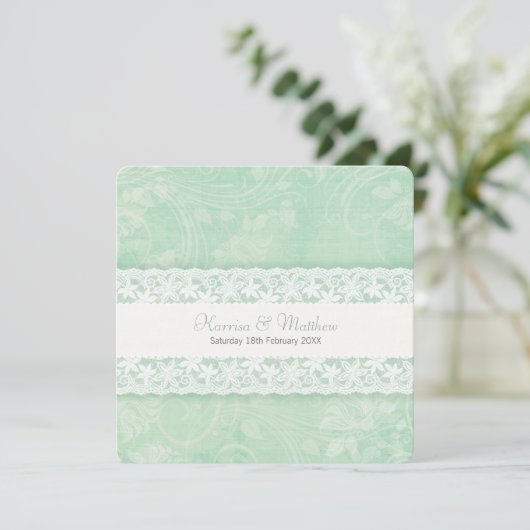 Groene witte kanten trouw bruid ouders uitnodiging (Staand voorkant)