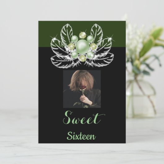 Groene & Witte Parel Diamanten Sweet 16 Kaart (Staand voorkant)