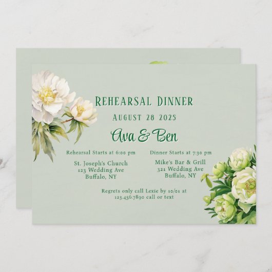 Groene Witte Pioen Repetitie Diner Uitnodiging (Voorkant / Achterkant)