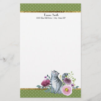 Groene witte poka Dots Gold Grey Cat Flowers Briefpapier