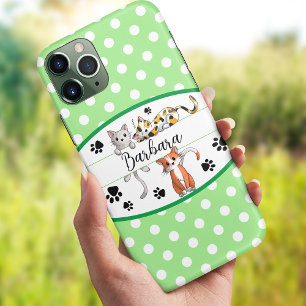 Groene & witte polkadot, schattige kittens op maat iPhone 13 hoesje