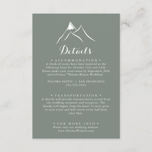 Groene witte silhouet berg bruiloft details informatiekaartje (Voorkant)