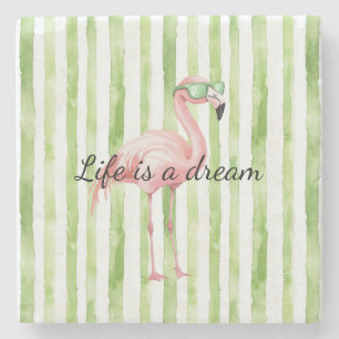Groene witte strepen roze flamingo stenen onderzetter