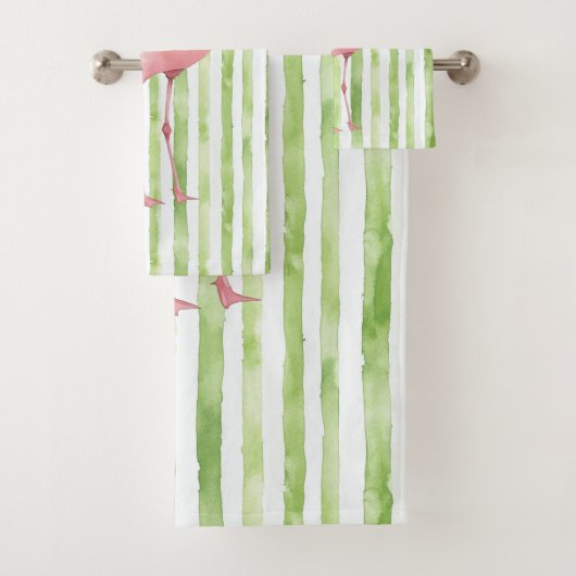 Groene Witte Strepen Roze Flamingo Strand Verjaard Bad Handdoek (Insitu)