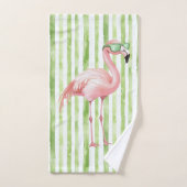 Groene Witte Strepen Roze Flamingo Strand Verjaard Bad Handdoek (Handdoek)